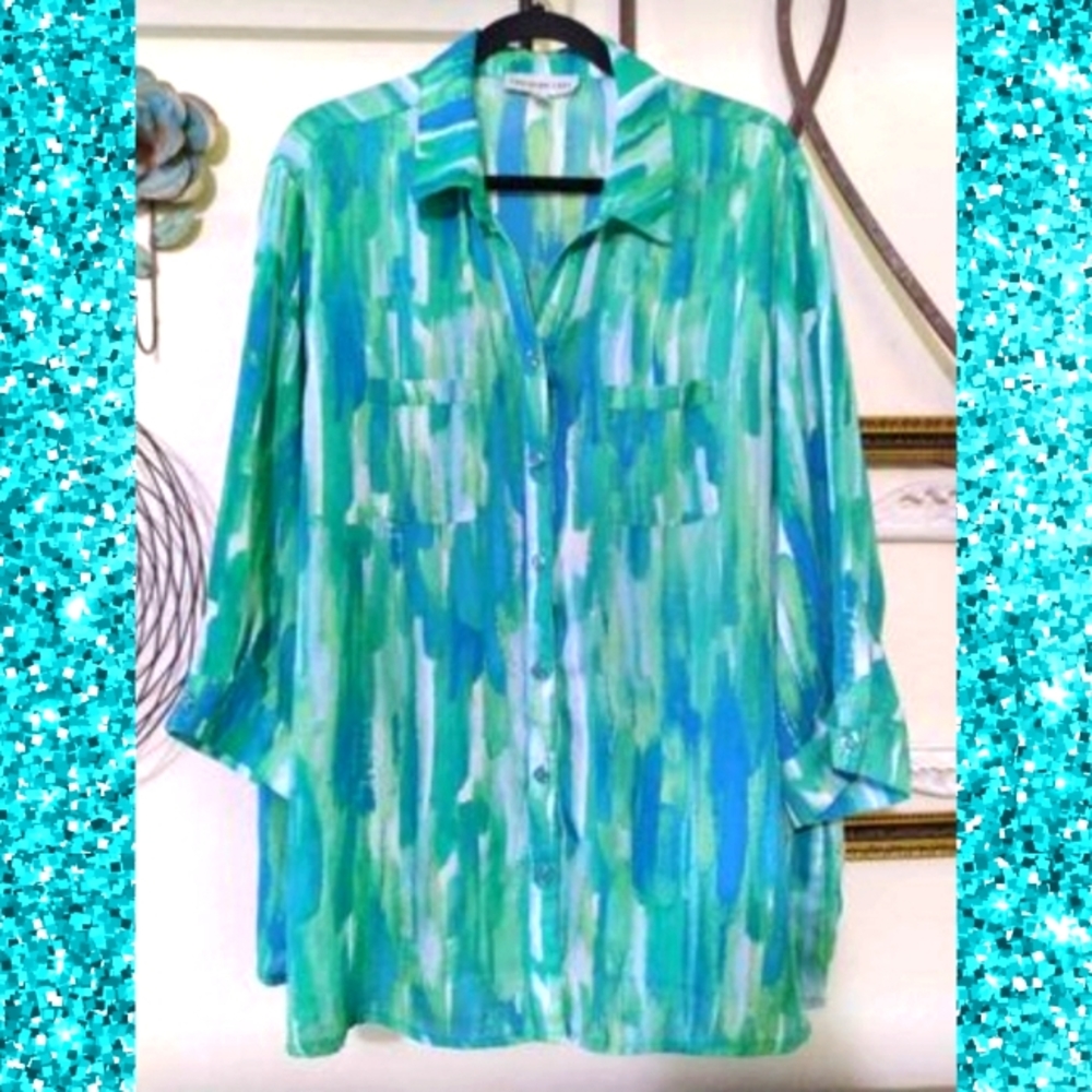 2X 🏖 Southern Lady Beautiful Brush Stroke Blues Light Silky Soft Womens Plus